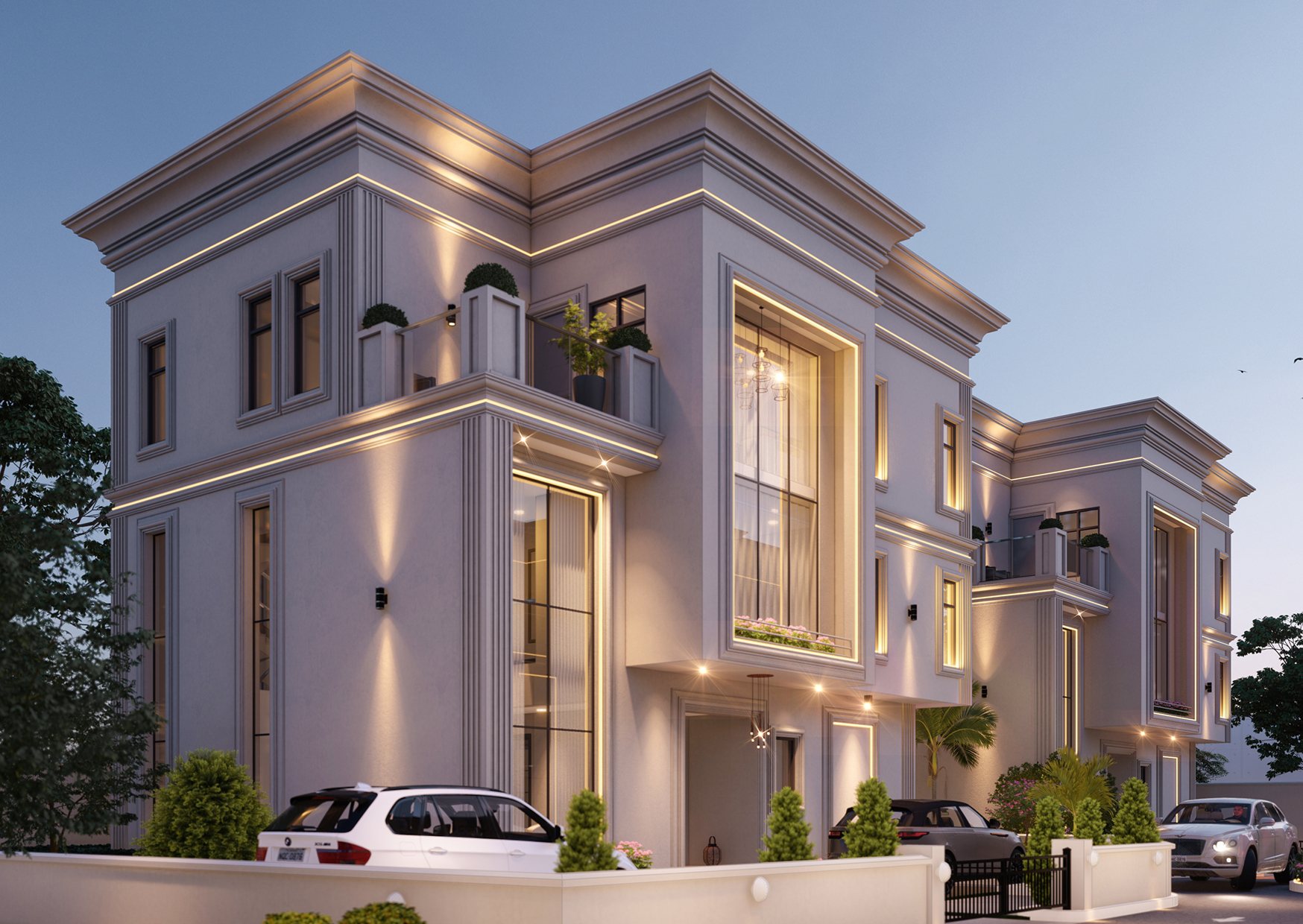 The Cardinals Court, Lagos — Corner elevation — two homes, planted balconies and framed openings