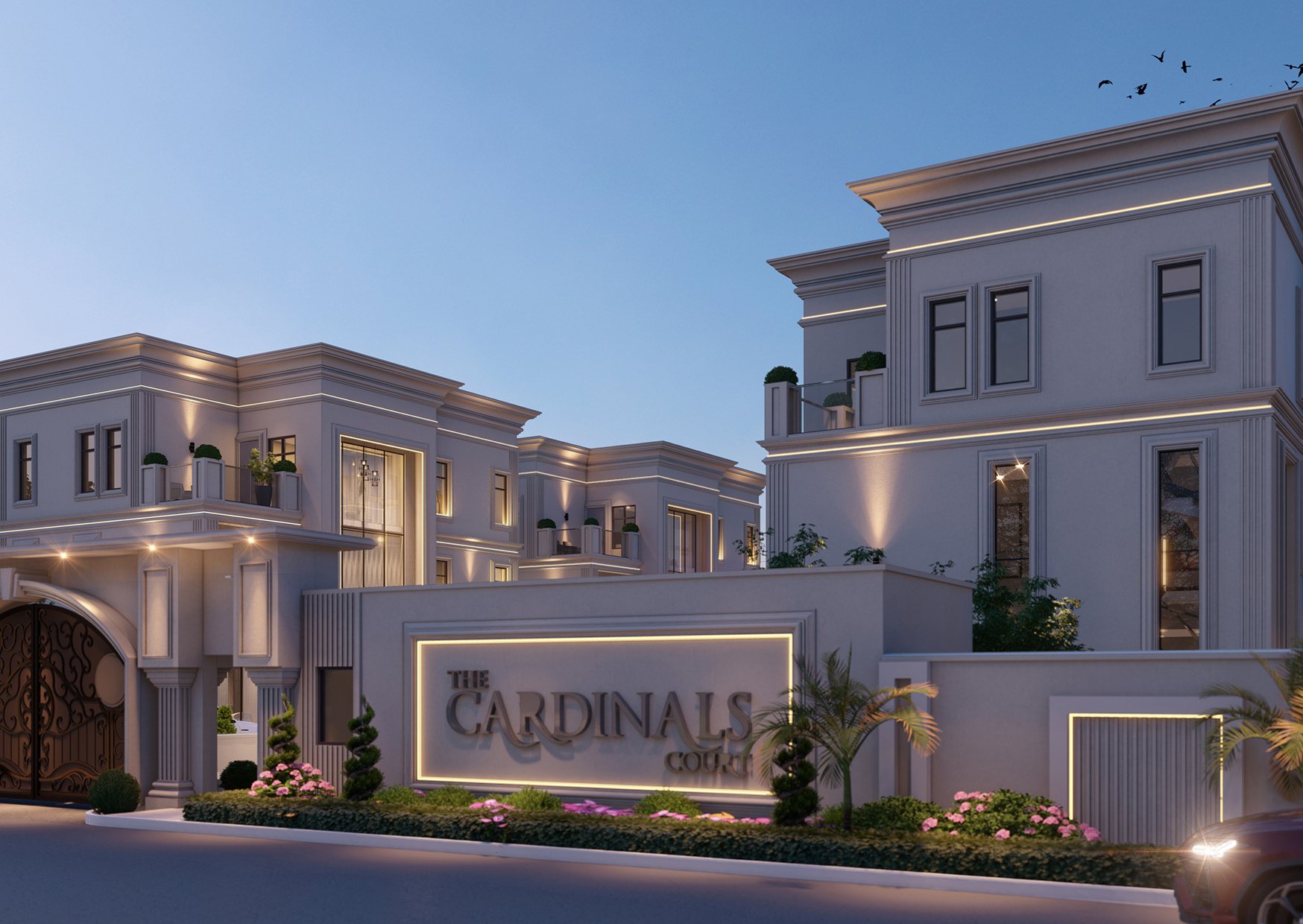 The Cardinals Court, Lagos — The approach — gate house, signage wall and the homes beyond
