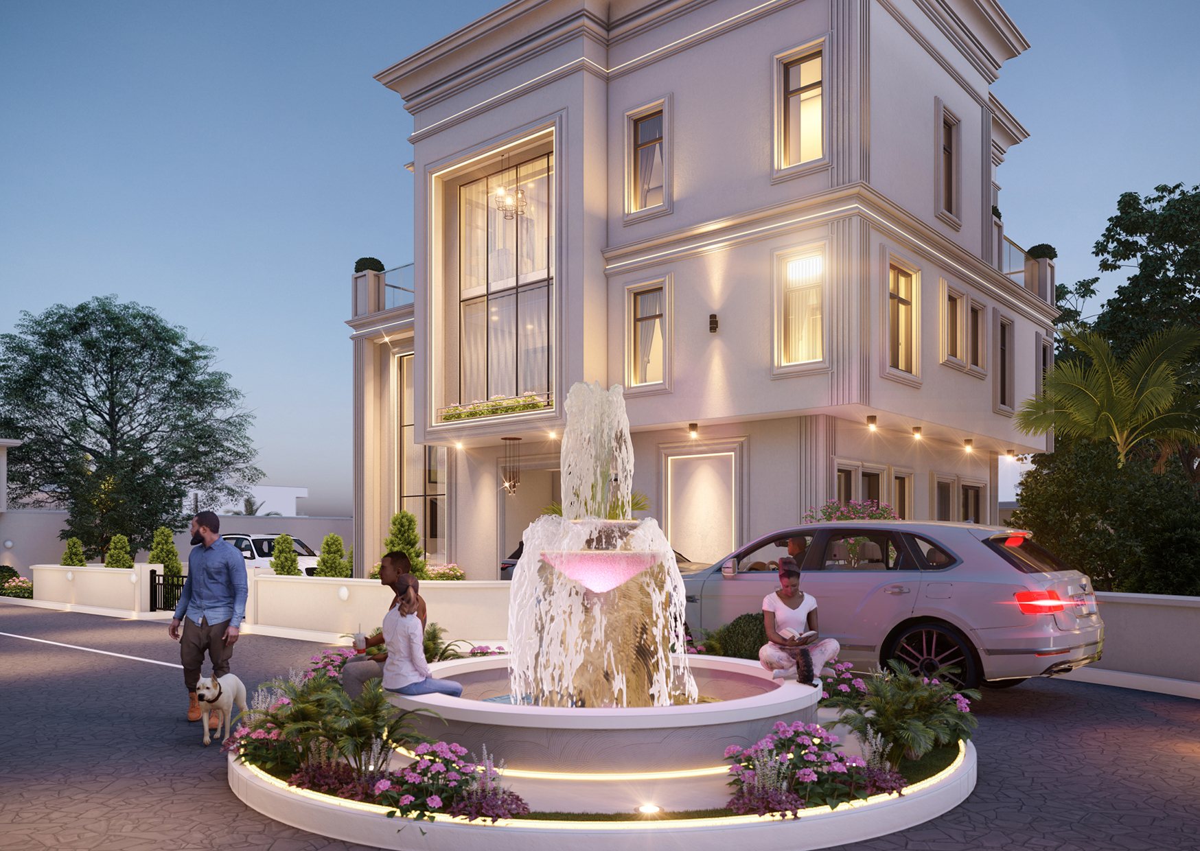 The Cardinals Court, Lagos — The fountain at the heart of the court, lit after dark