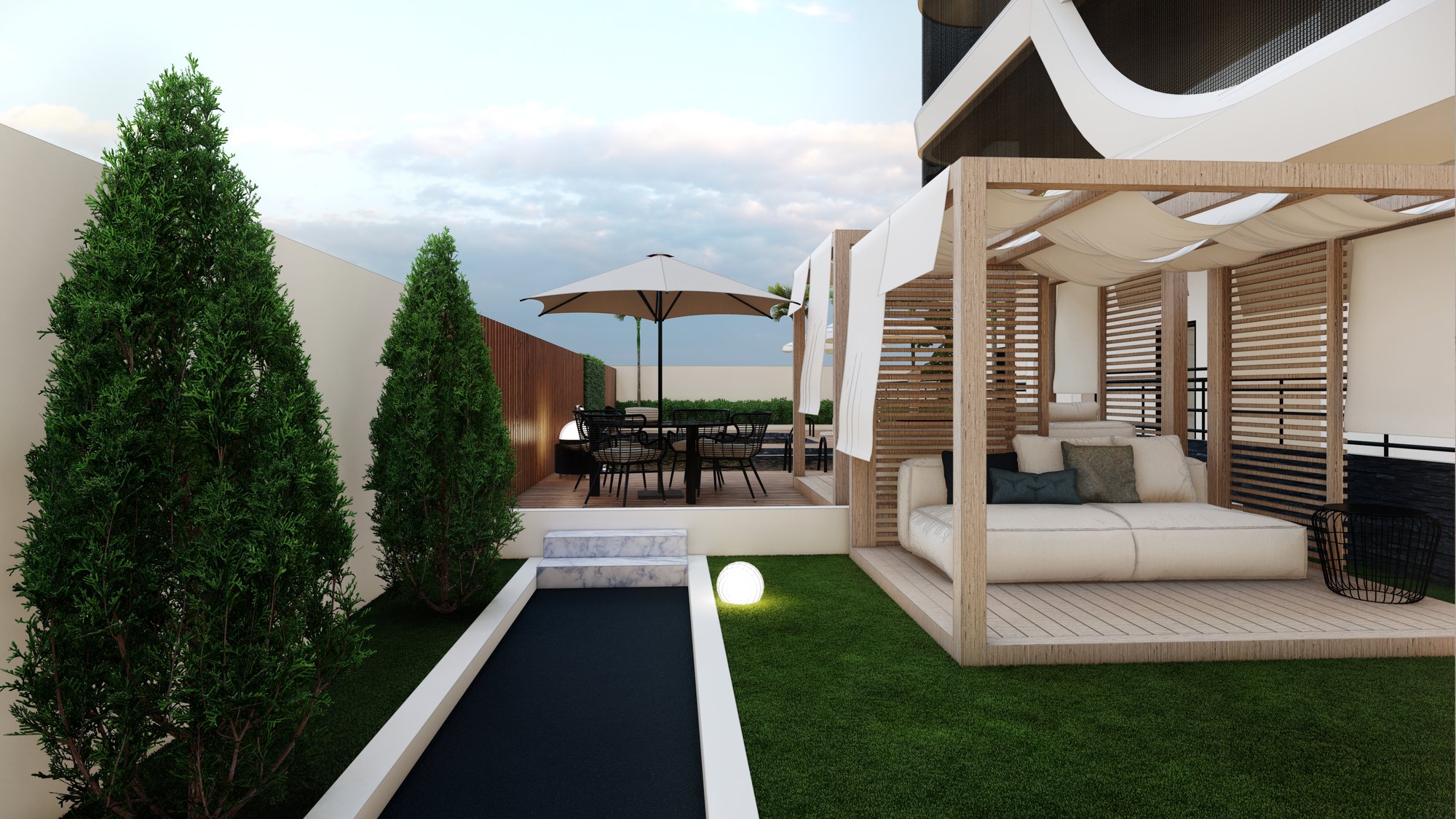 A shaded cabana and water feature in the tower's garden