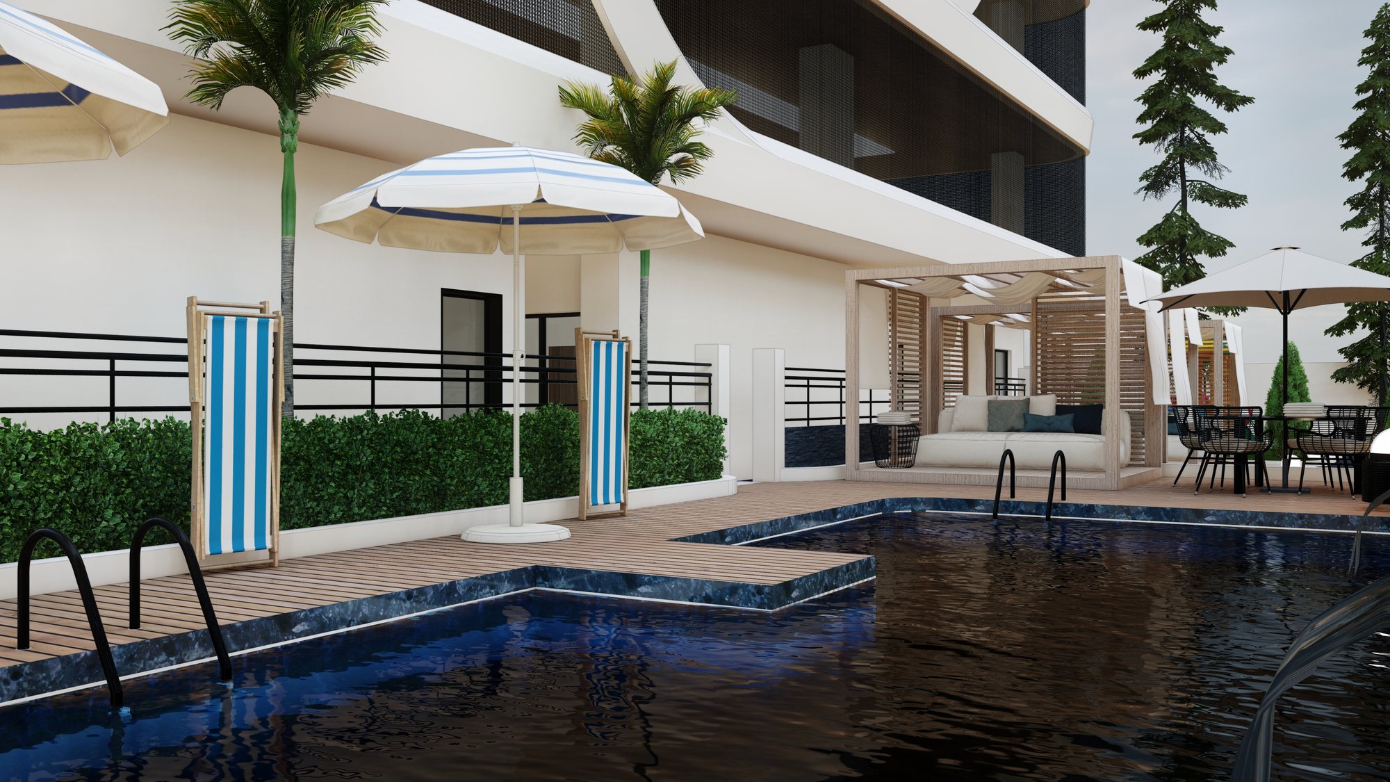 Eko Atlantic Tower — The deck in daylight — loungers, umbrellas and mature planting