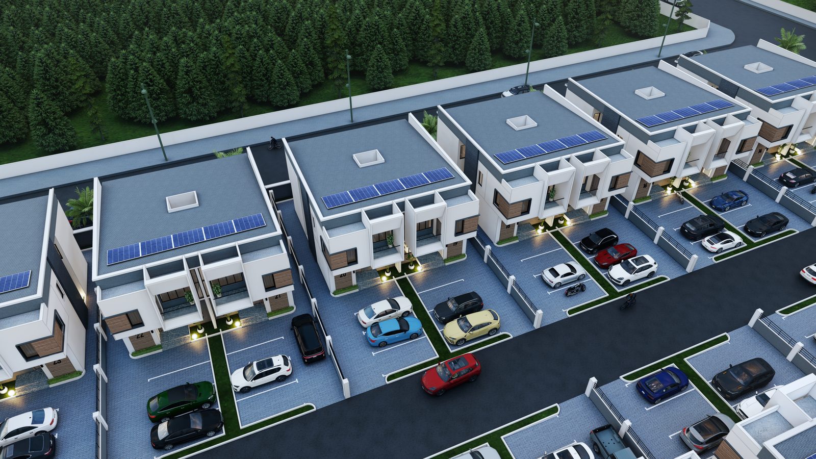 Surulere Terraces from above at dusk, solar panels across every roof