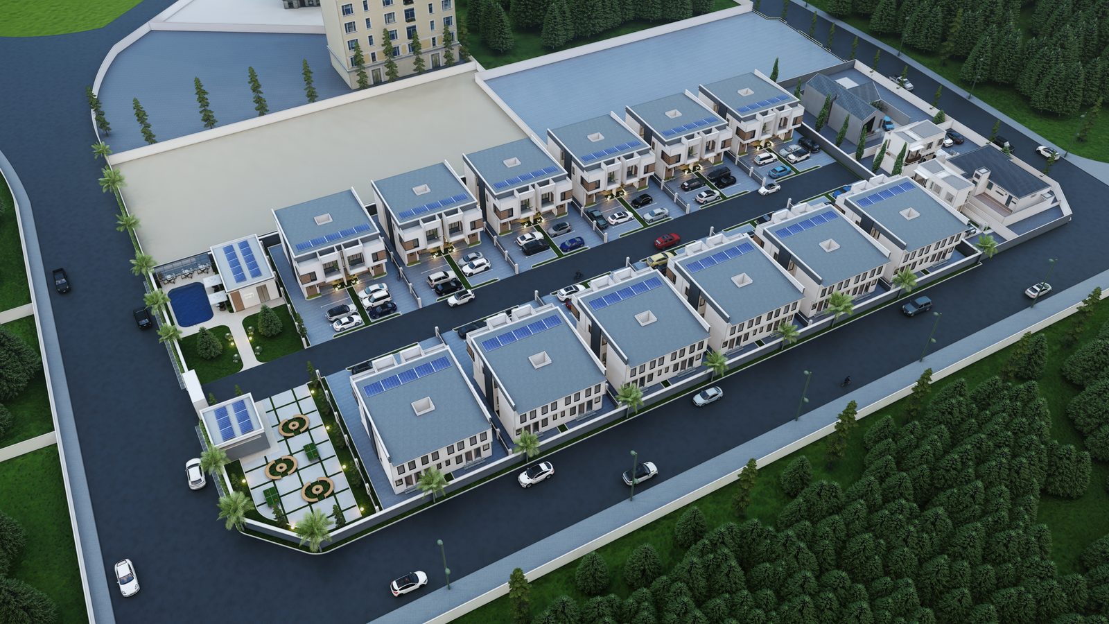 The site from above — solar on every roof