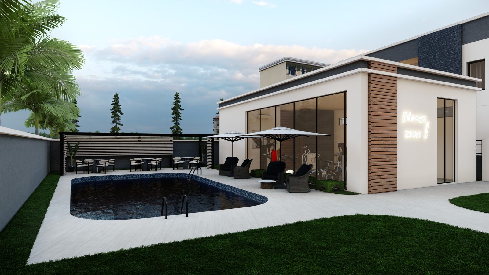 The clubhouse, opening onto the lawn