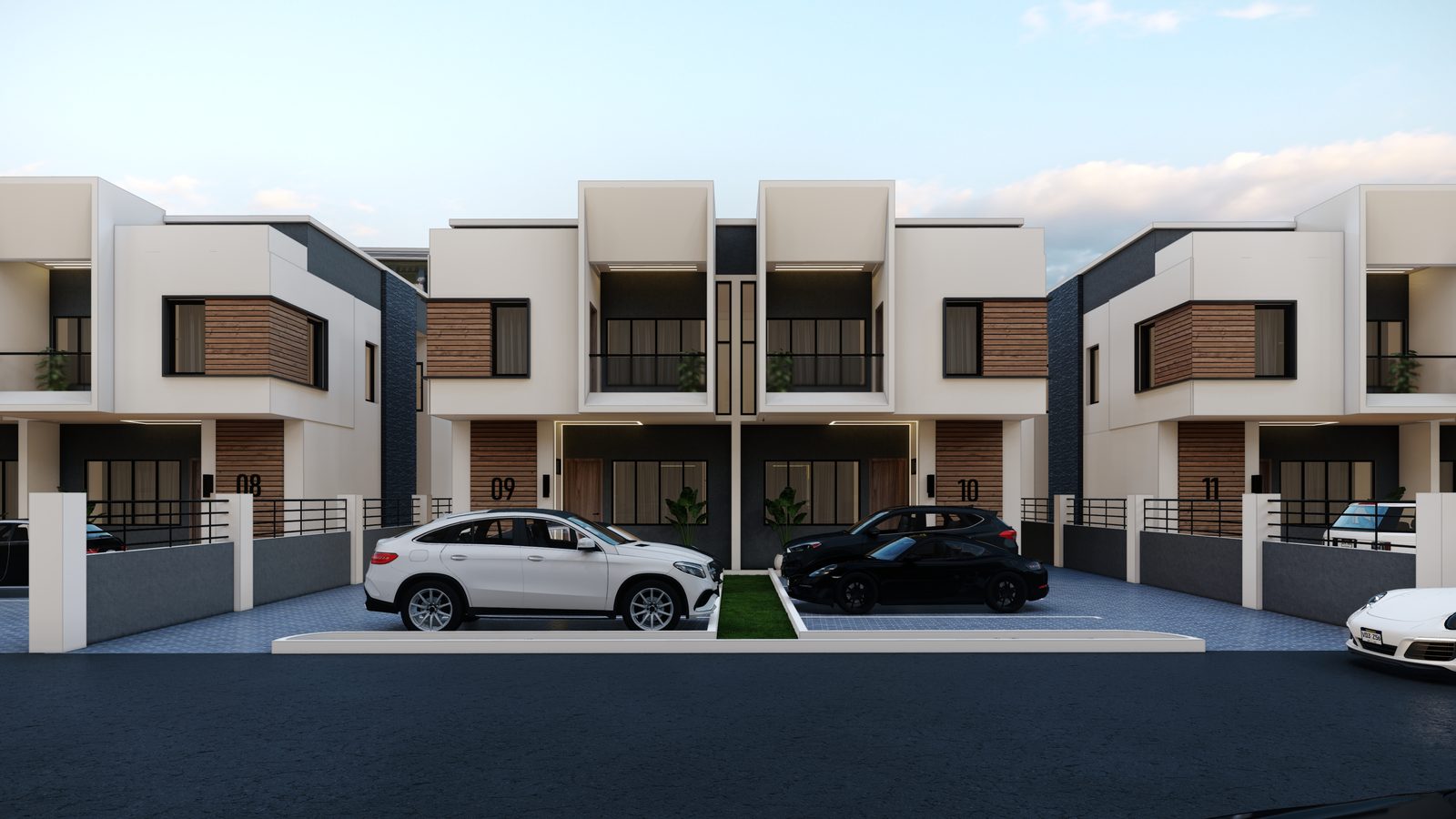 A semi-detached pair, head on