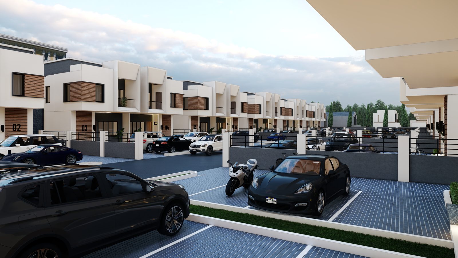 Private driveways and parking along the terrace