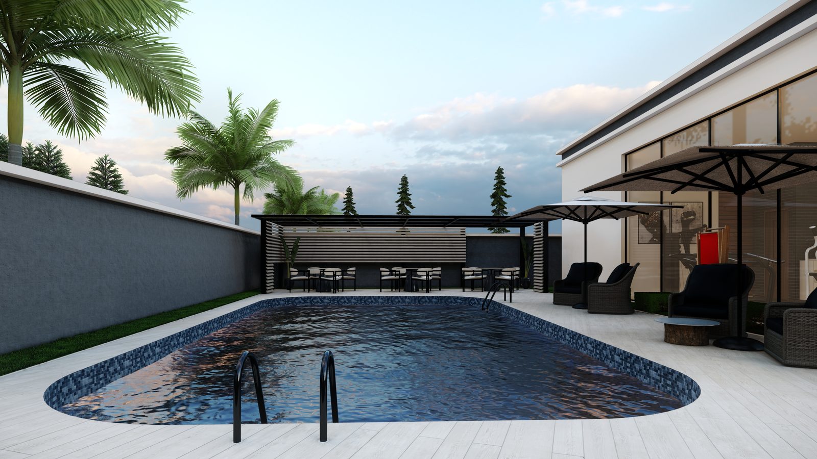 The pool and shaded terrace at Surulere Terraces